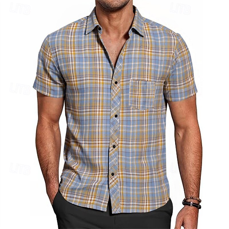 Men's Shirt Summer Shirt Casual Shirt Beach Shirt Button Up Shirt Yellow Red Blue Short Sleeve Plaid Lapel Vacation Hawaiian Pocket Clothing Apparel Fashion Casual Comfortable4