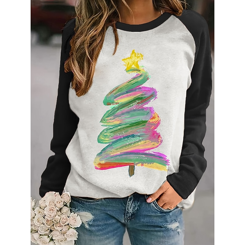 Women's Pullover Graphic Christmas Tree Casual Long Sleeve Crew Neck Regular Tops Casual Holiday Black Pink Red Blue Green Spring Fall Winter3