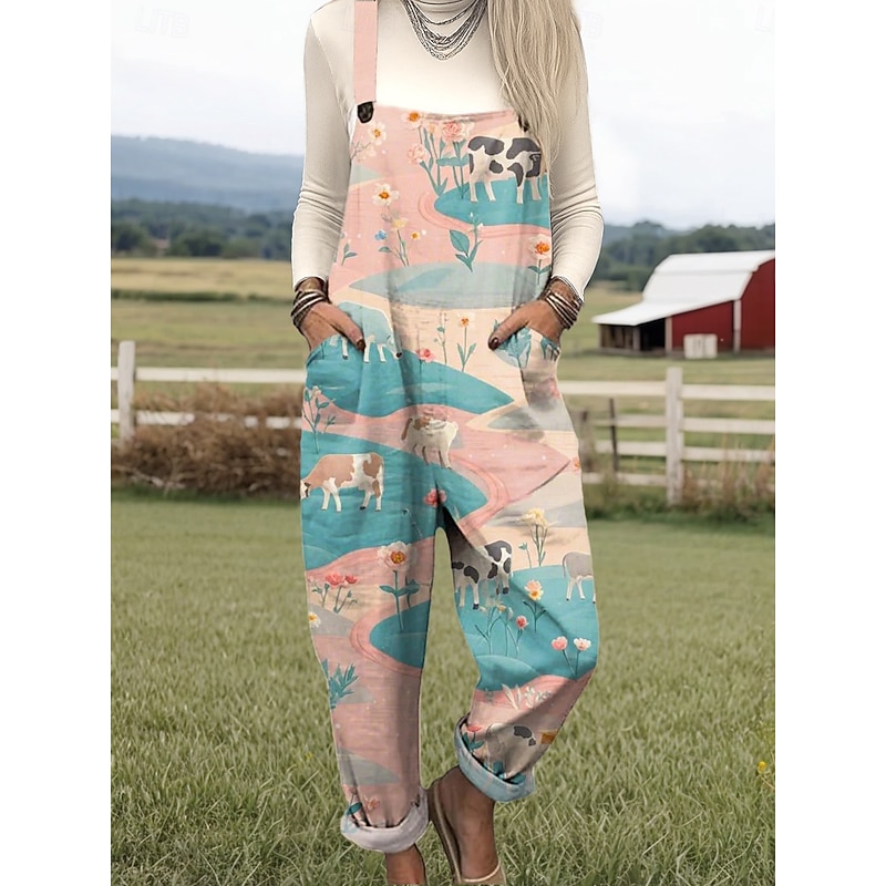 Women's Overall Active Floral Sleeveless Straight Round Neck with Pocket Vacation Daily Loose Fit Pink Blue Orange Summer3