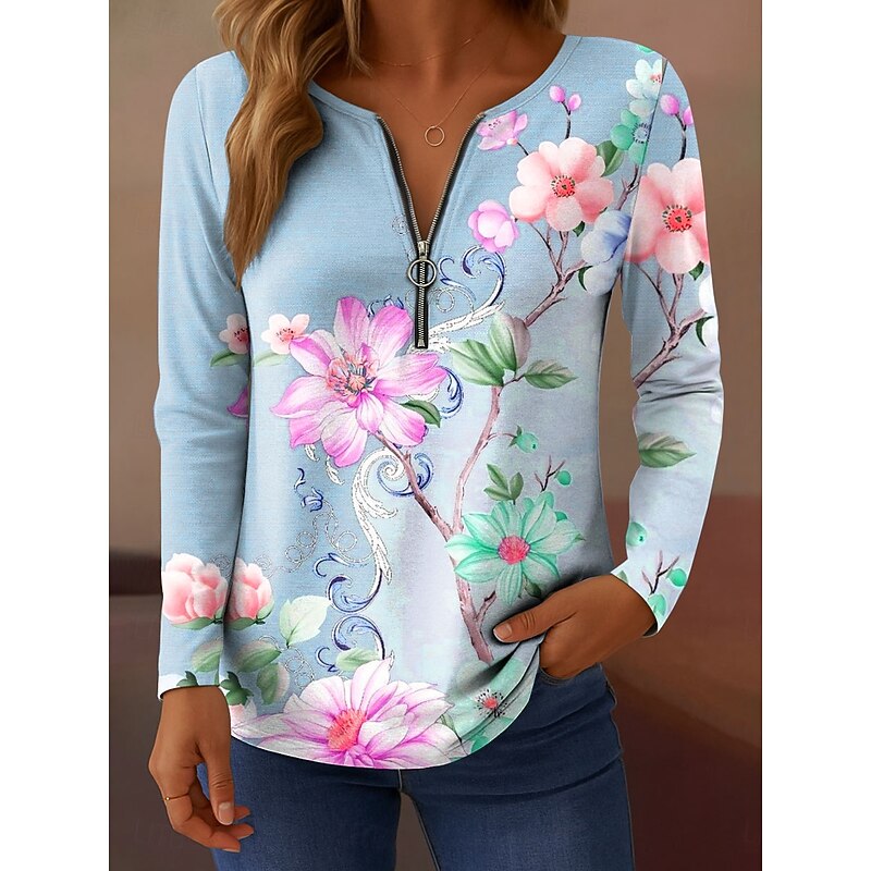 Women's T Shirt Floral Graphic Plants Elegant Vintage Stylish Long Sleeve V Neck Regular Tops Daily Weekend Zipper Print Pink Blue Purple Green Summer Spring Fall4