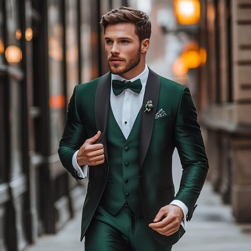 Men's Wedding Business Party Suits Shawl Lapel Army Green Formal Solid Colored Slim Fit 3 Piece Single Breasted One-button