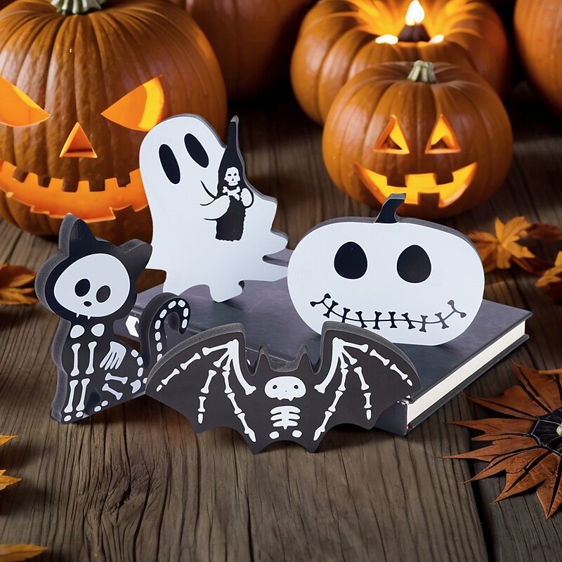 4PCS Halloween Party EVA Foam Decorations – Black & White Pumpkin, Black Cat, Ghost, and Bat Festive Tabletop Ornaments, Day of the Dead Window Display Props3