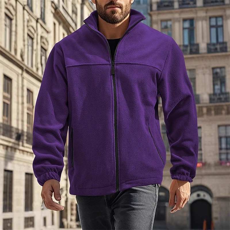 Men's Winter Jacket Fleece Jacket Casual Jacket Vacation Daily Thermal Warm Pocket Fleece Fall Winter Plain Fashion Streetwear Stand Collar Regular Black Ivory Purple Orange Coffee Jacket