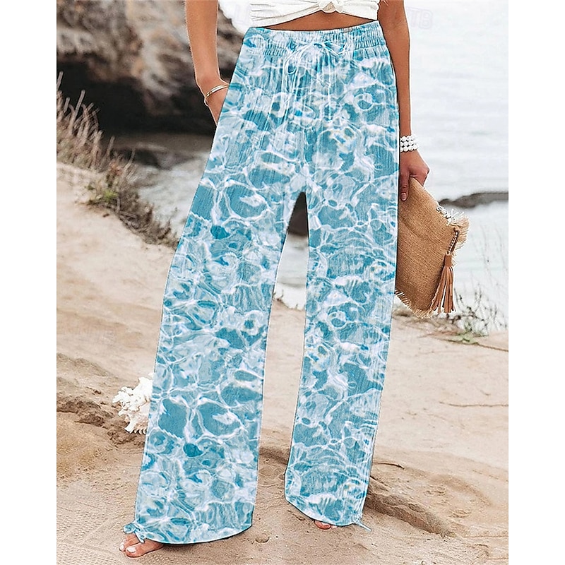 Women's Wide Leg Pants Trousers Palazzo Pants Fashion Boho Full Length High Waist Patterned Drawstring Elastic Waist Print Breathability Comfortable Street Daily Wear Going out Blue Spring Fall
