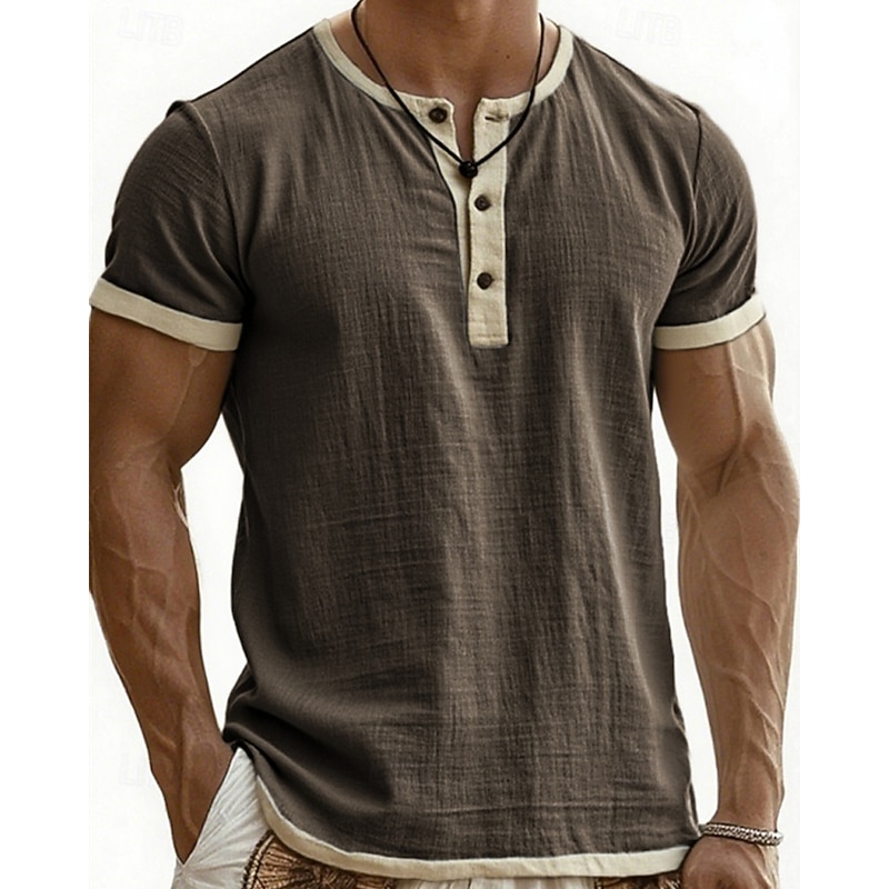 Men's T Shirt Henley Shirt Tee Short Sleeve Shirt Short Sleeve Henley Summer Spring Color Block Fashion Designer Basic Patchwork Vacation Street Going out Black Pink Blue Top Tee for Men