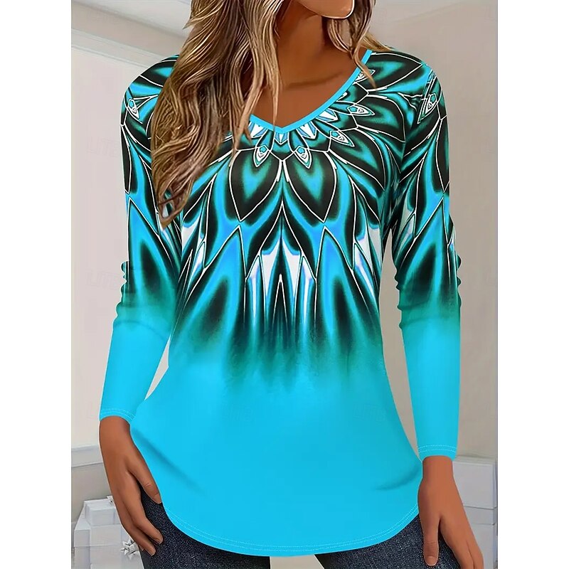 Women's T Shirt Ombre Graphic Abstract Vintage Stylish Classic Long Sleeve V Neck Regular Tops Daily Print Red Blue Orange Gray Spring Fall4