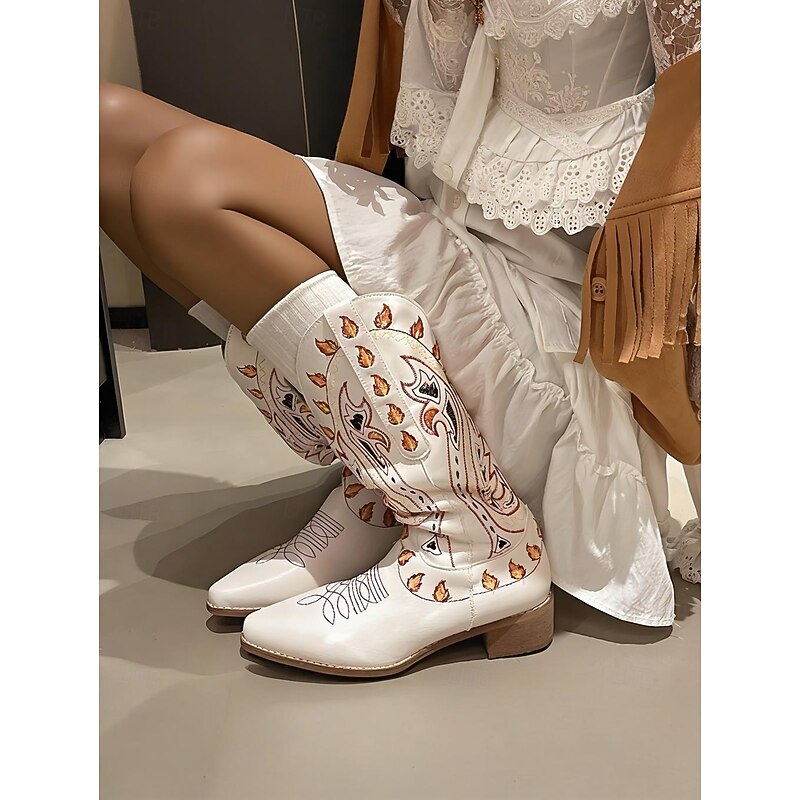 Women's White Western Cowboy Boots with Unique Colorful Embroidered Design and Block Heels, Bohemian Western Style Footwea4
