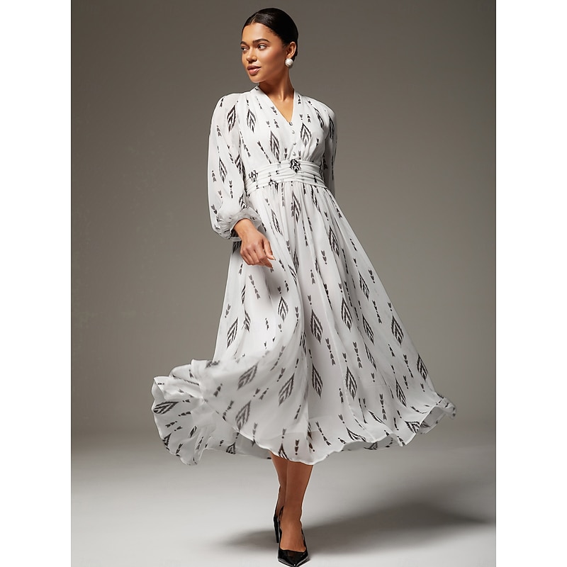 Women's Black and White Print Chiffon Maxi Dress Elegant Poised Waist Cinching Slim Fit Party Work Daily Fall