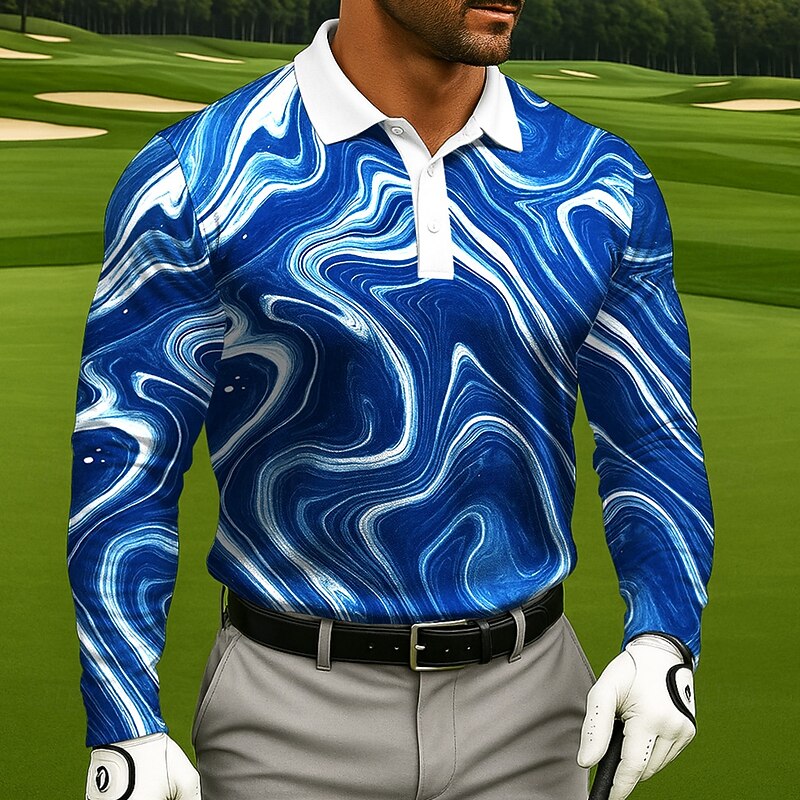 Men's Abstract Geometic Polo Long Sleeve Polo Shirts Lapel Casual Athleisure Daily Wear 3D Print Buttons Spring Fall Winter Lake blue Black White4