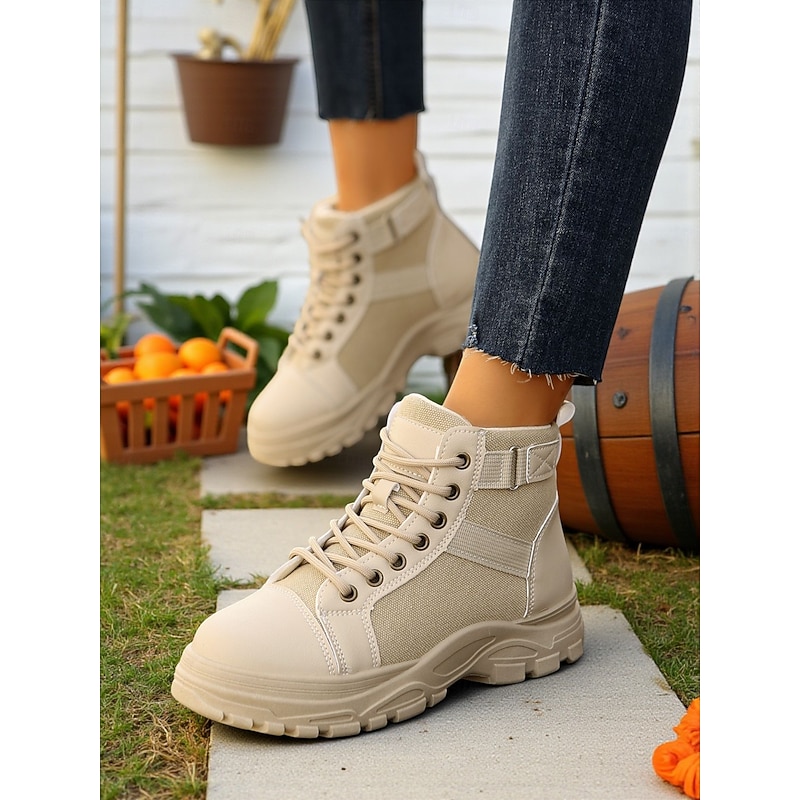 Women's Beige Lace-Up Combat Boots – Faux Leather and Canvas Ankle Boots with Chunky Sole for Hiking, Outdoor Adventures, Travel and Casual Streetwear3