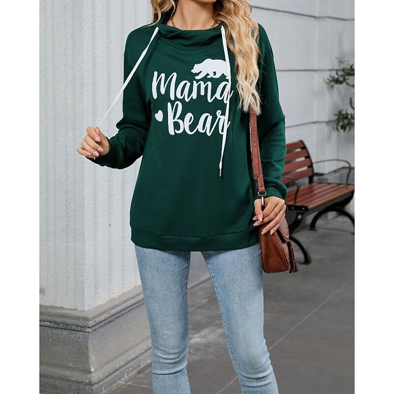 Women's Pullover Hoodie Sweatshirt Letter Streetwear Casual Long Sleeve Hooded Regular Tops Holiday Going out Print Black Wine Navy Blue Blue Dark Green Fall Winter