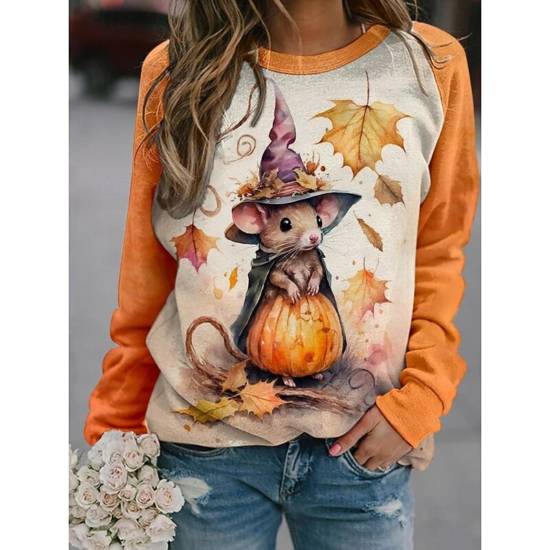 Halloween Women's Pullover Sweatshirt Pumpkin Witch Fashion Casual Long Sleeve Crew Neck Regular Tops Casual Print Black White Yellow Orange Summer Spring Fall3