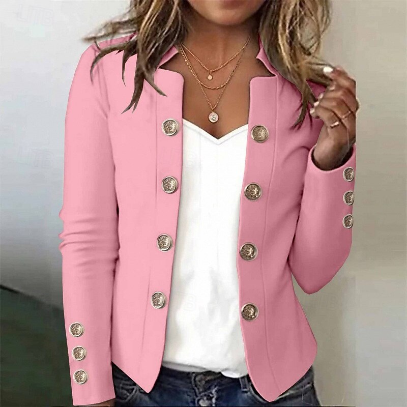 Women's Blazer Comfortable Buttons Fashion Plain Street Holiday Double Breasted Regular Stand Collar Regular Fit Long Sleeve Outerwear Black White Pink Fall3