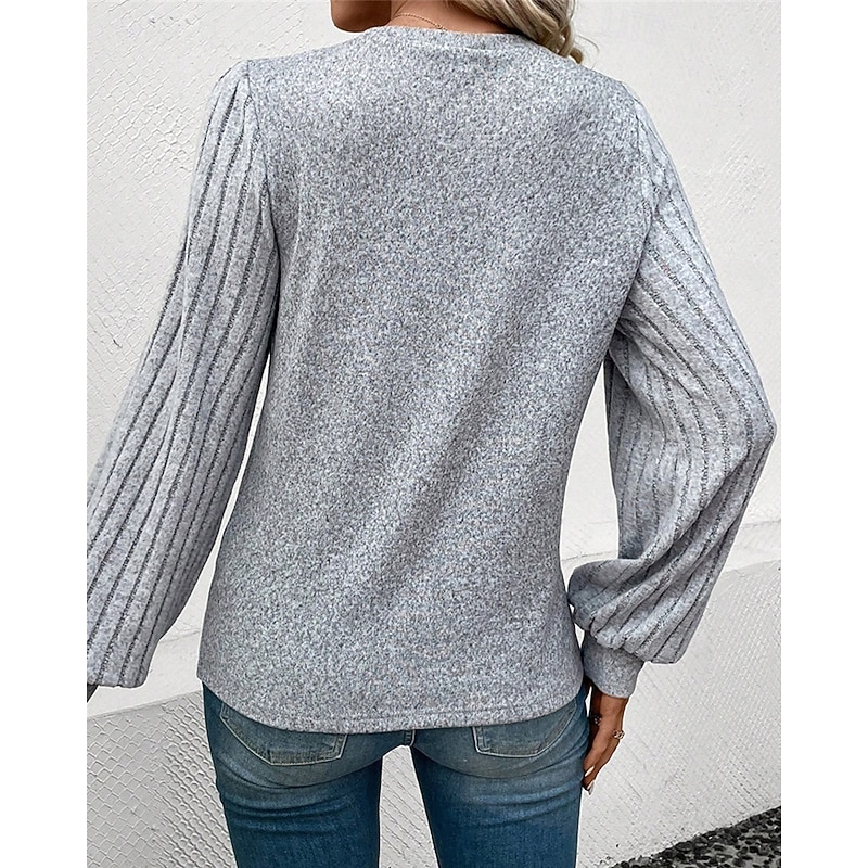 Women's Texture Blouse T Shirt Tee Top Plain Fashion Modern Long Sleeve Crew Neck Regular Tops Daily Going out Patchwork Gray Spring Fall4