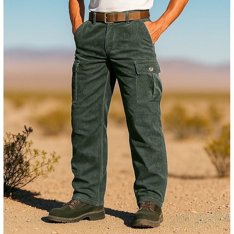 Men's Cargo Pants Corduroy Pants Trousers Baggy Pants Casual Pants Elastic Waist Multi Pocket Straight Leg Plain Comfort Soft Full Length Outdoor Casual Daily Fashion Streetwear Blue 1# Black4