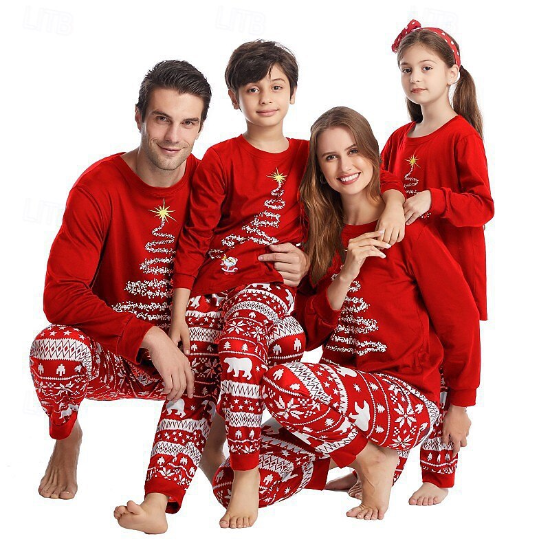 Family Pajamas Christmas Pattern Home Print Red Navy Blue Long Sleeve Active Matching Outfits2