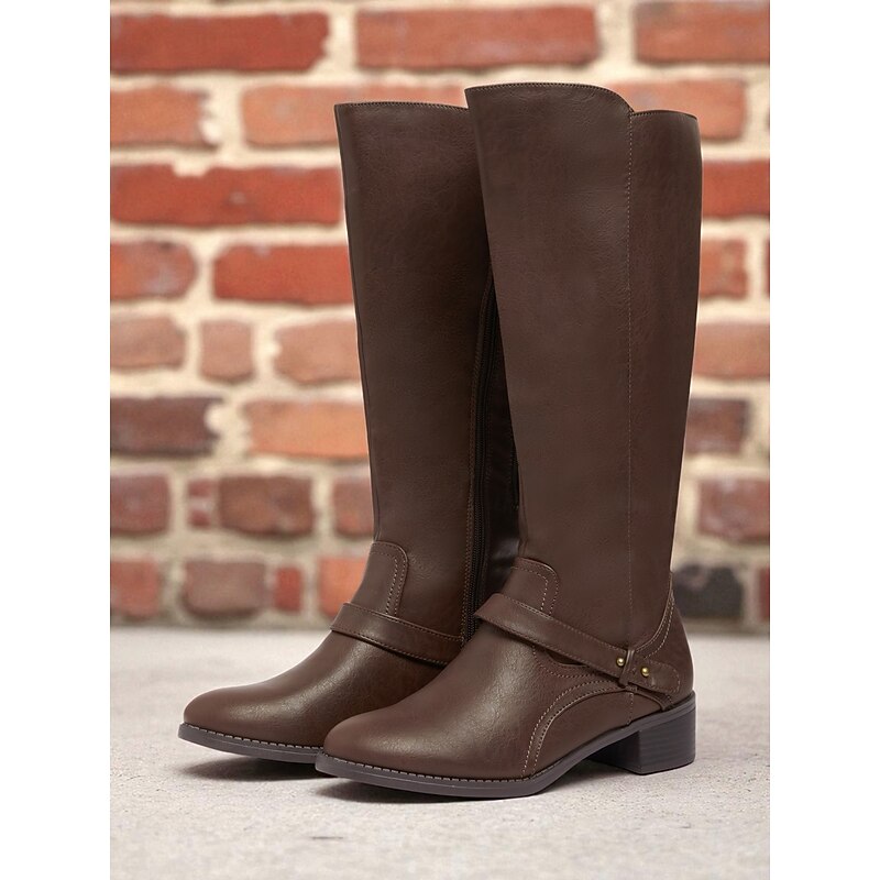 Women's Brown Extra Wide Calf Knee High Boots with Side Zipper and Buckle – Casual Comfortable Riding Boots for Work, Streetwear and Daily Wear4