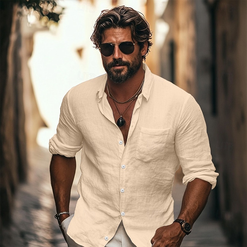 Men's Shirt Linen Shirt Summer Shirt Beach Shirt Button Up Shirt Untucked Shirts Plain Outdoor Street Black White Light Green Pink Long Sleeve Turndown Summer Spring &  Fall Clothing Apparel3