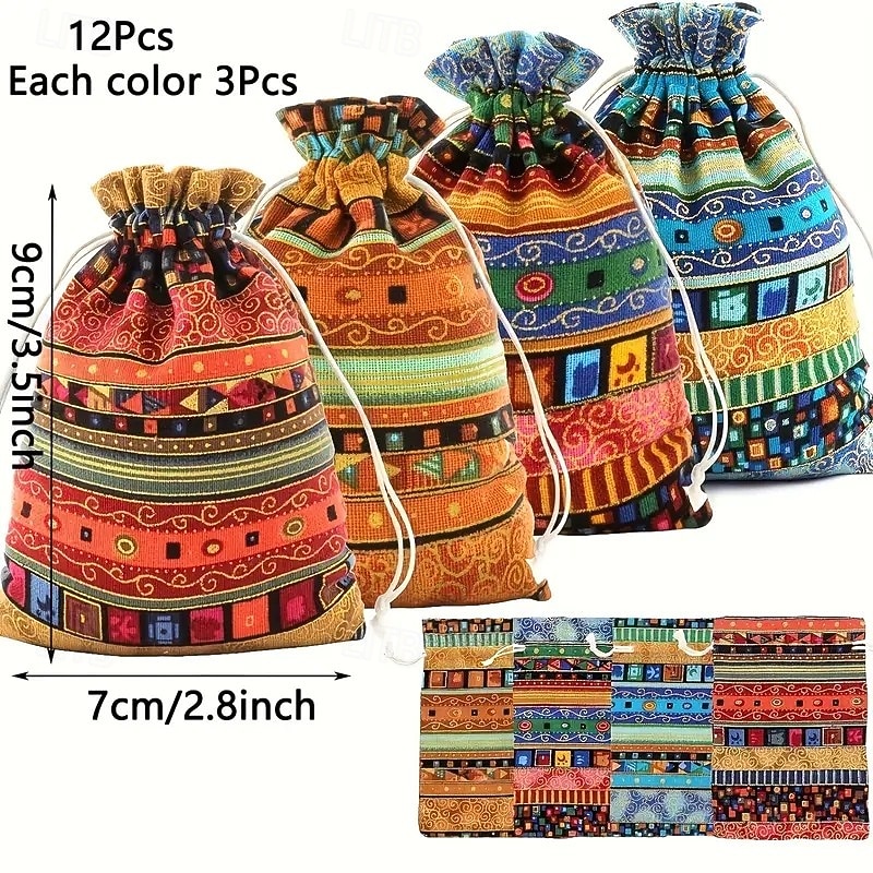 12PCS Woven Jewelry Gift Bags, Colorful Bohemian Drawstring Pouches, Patriotic-Themed Linen Bags for Weddings, Parties, Birthdays, Seasonal Celebrations in Spring, Summer, Fall and Winter3