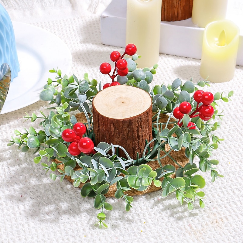 Christmas Candle Wreath with Red Berries, Plastic Artificial Floral Candle Ring, Faux Flower Tabletop Decoration, Aromatherapy Candle Holder Base Accent4