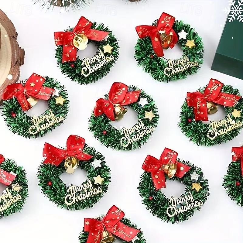 10/20pcs Mini Christmas Wreaths with Red Bows and Gold Bells – Festive Holiday Decorations for Christmas, Halloween, Thanksgiving, New Year, Weddings, Bridal Showers, Gifts, Birthdays, Bars, and Celebrations