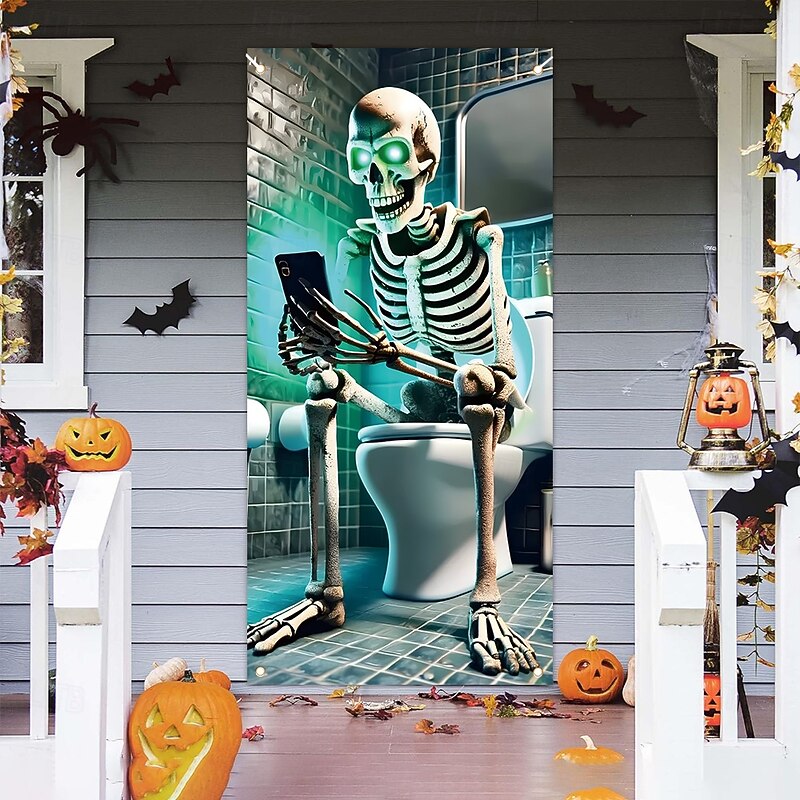 Funny Skeleton Halloween Door Cover for Bathroom Indoor Outdoor – Glow-in-the-Dark Toilet Sitting Skeleton Curtain for Spooky Party Decoration