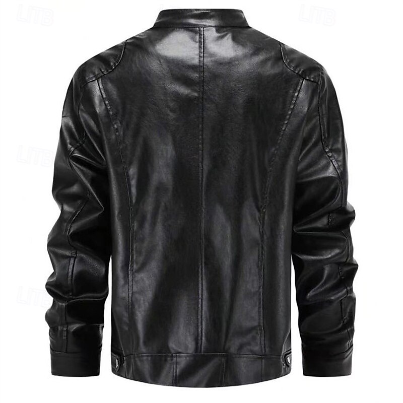 Men's Faux Leather Jacket Biker Jacket Motorcycle Jacket Vacation Daily Windproof Warm Pocket Fall Winter Plain Fashion Classic Stand Collar Regular Black Brown Jacket3