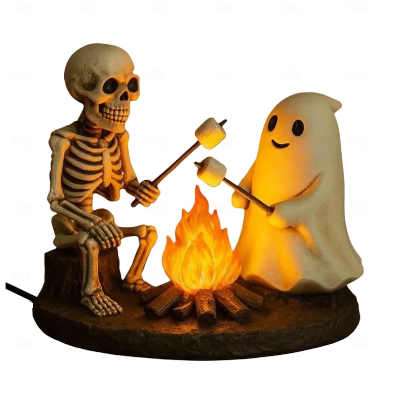Skeleton and Ghost Bonfire Night Lamp Halloween Cute Ghosts Campfire Roasting Marshmallows Flickering Night Light Spooky Ghost Lamp for Bedroom Table Home Decor