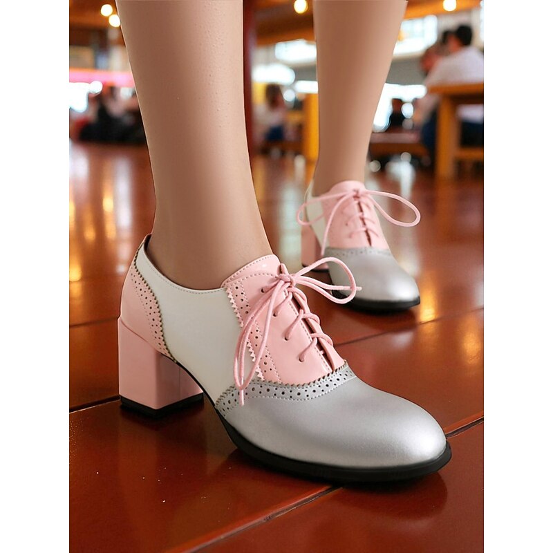 Women's 1950s Color Block Oxford Shoes - Green, Black and Silver Lace-Up Chunky Heel Vintage Style Dress Shoes for Office, Oktoberfest and Retro Fashion Outfits