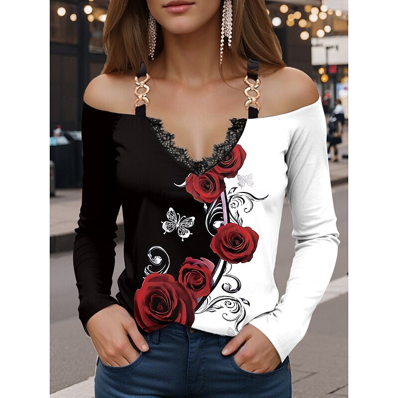 Women's T Shirt Floral Vintage Casual Long Sleeve Off Shoulder Regular Tops Daily Patchwork Print Black Red Orange Summer3