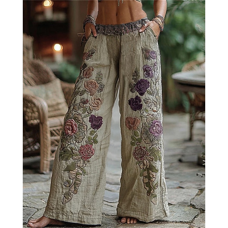 Women's Wide Leg Pants Trousers Palazzo Pants Vintage Boho Full Length High Waist Flower Elastic Waist Printing Breathability Comfortable Street Daily Wear Going out White Spring Fall Regular Fit