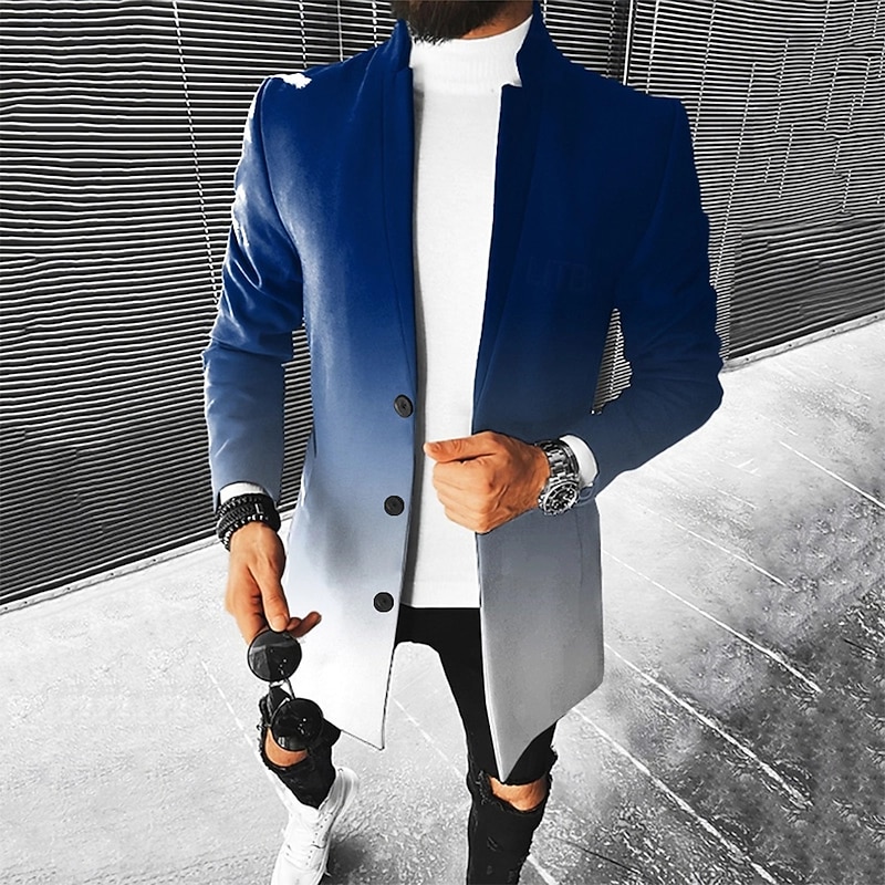 Men Ombre Geometric Overcoat Coat Casual Business Casual Daily 3D Print Buttons Front Pocket Spring Fall Winter Notch Long Sleeve Blue Brown2