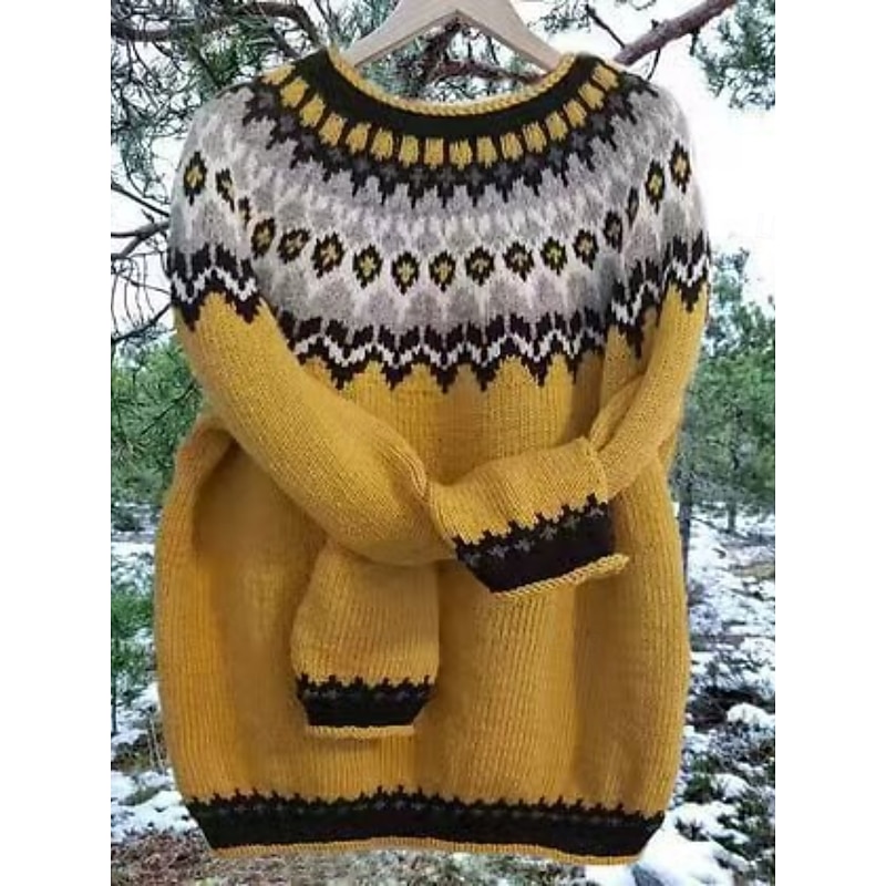 Women's Sweater Casual Soft Geometric Ribbed Crew Neck Knitted Long Sleeve Regular Tops Knit Outdoor Daily Weekend Yellow Navy Blue Fall Winter2