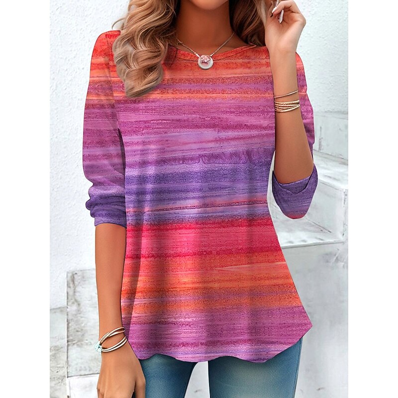 Women's T Shirt Graphic Striped Vintage Stylish Classic Long Sleeve Crew Neck Regular Tops Daily Print Yellow Pink Blue Spring Fall Winter