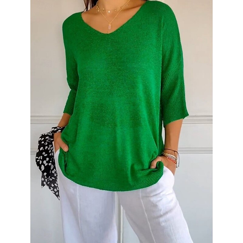 Women's Sweater Pullover Daily Stylish Casual Solid Color Ribbed V Neck Knitted 3/4 Length Sleeve Regular Tops Knit Outdoor Daily Yellow Army Green Summer Spring4