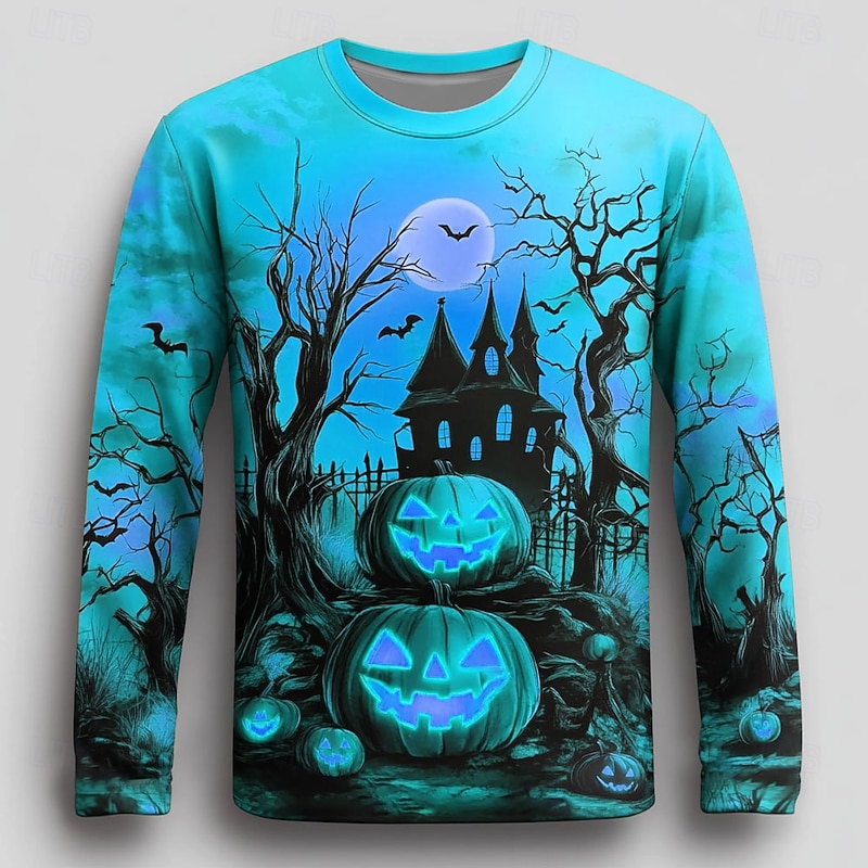 Halloween Men's Pumpkin T Shirt Long Sleeve T shirt 3D Print Crew Neck Shirt Fashion Exaggerated Street Casual Daily Blue Purple Orange Summer Spring Fall Clothing Apparel S M L XL XXL XXXL4