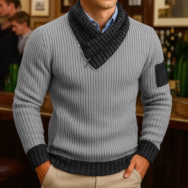 Men's Sweater Pullover Sweater Jumper Ribbed Knit Regular Tops Knitted Slim Fit Plain Shawl Knitwear Contemporary Casual Daily Wear Clothing Apparel Fall Black Red S M L