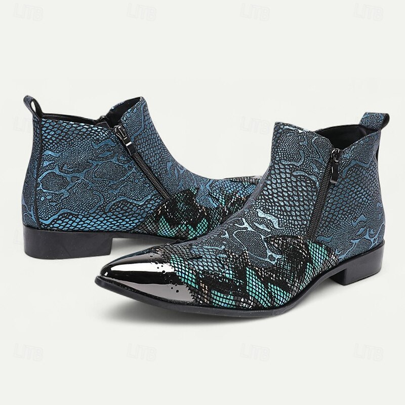 Men's Blue Snakeskin Pointed Toe Ankle Boots – Rock Star Cowhide Zip-Up Boots for Concerts, Festivals and Themed Occasions2