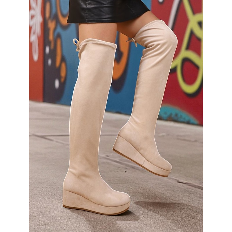 Women's Beige Suede Over-the-Knee Wedge Boots – Cozy Platform Winter Footwear for Street Style and Casual Daily Wear3