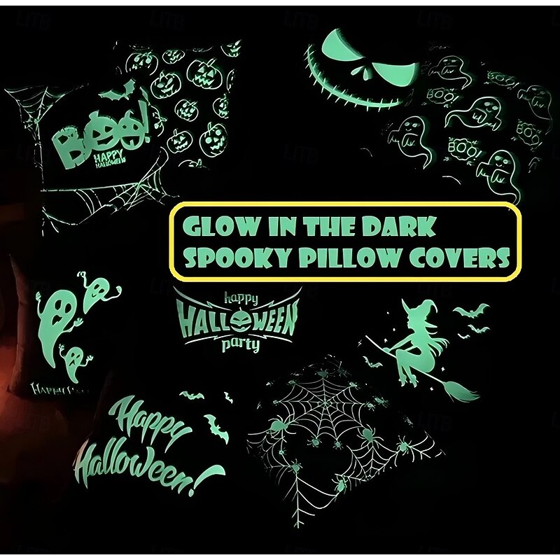 Halloween Glow in The Dark Pillow Cover - Spooky Ghost & Pumpkin Print Luminous Cushion Case (No Insert) for Home Decor, Party, Horror Festival2