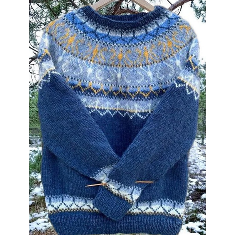 Women's Sweater Casual Soft Geometric Ribbed Crew Neck Knitted Long Sleeve Regular Tops Knit Outdoor Daily Weekend Yellow Navy Blue Fall Winter3