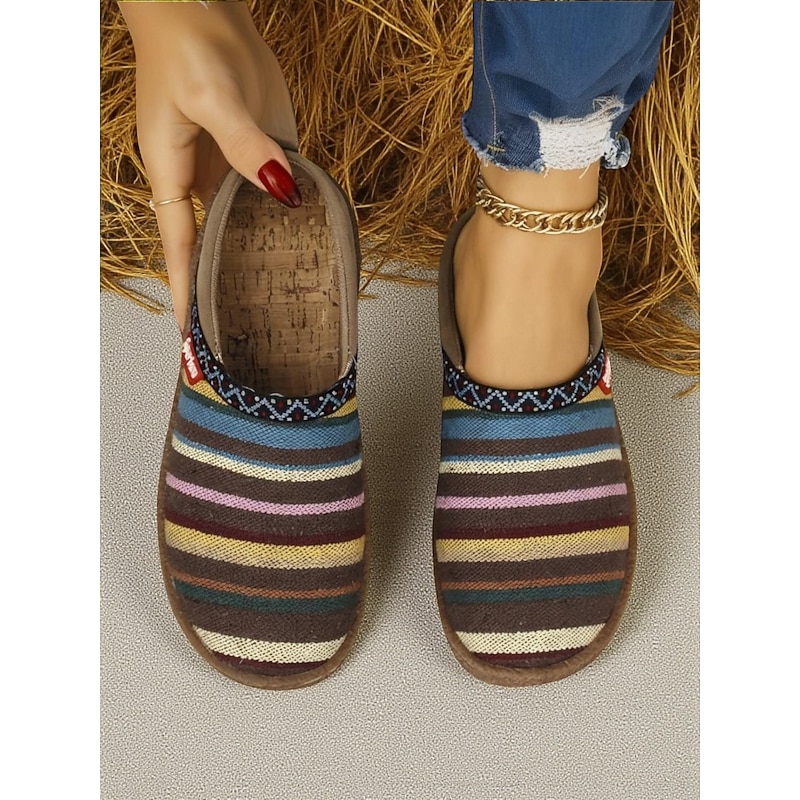 Women's Wide Fit Multicolor Striped Slip-On Mules – Casual Comfort Shoes with Cork Insole for Walking, Travel and Everyday Wear