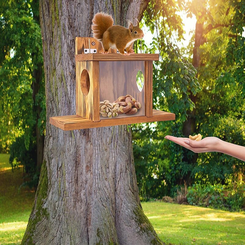 Squirrel Feeder, Wall Mounted Wooden Sturdy Structure Backyard Squirrel Canteen, Damp Proof Outdoor Log Squirrel Feeding Box for Garden, Tree2
