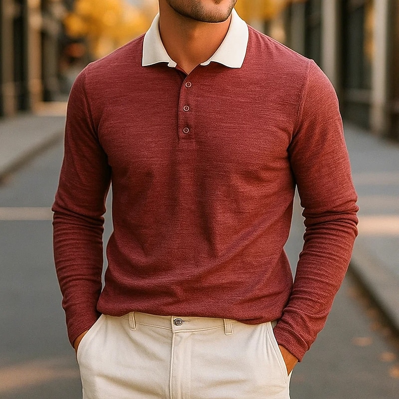 Men's Polo Shirts Golf Polos Shirts Business Casual Lapel Classic Long Sleeve Fashion Basic Solid Color Patchwork Color Block Fall Winter Regular Fit Yellow Burgundy Navy Blue Polo Shirts4