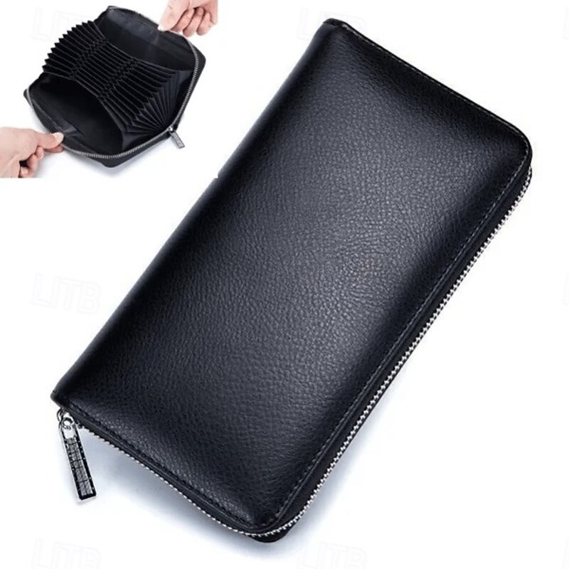 Unisex Anti-Credit Card Fraud Multi-Compartment Genuine Leather Wallet RFID Blocking Passport Holder Long Accordion Style Large Capacity Phone Bag Multifunction Card Organizer for Men and Women