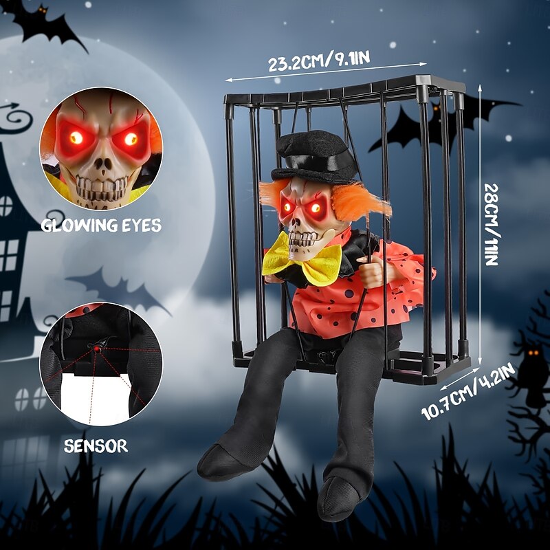 Halloween Animated Decoration, 1pc Motion-Sensor Activated Screaming Clown in Cage with Light-Up Eyes, Spooky Prisoner Ghost Prop for Indoor/Outdoor Decor, Plastic, No Batteries, AA Battery Operated (3