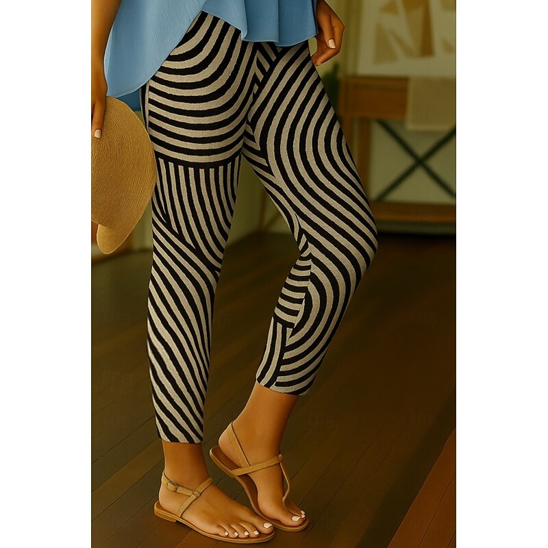 Women's Leggings Vacation Vintage Ethnic Style Ankle-Length High Waist Graphic Stripe 3D Print Quick Dry Breathability Soft Stretchy Outdoor Home Causal Black White Pink Spring Fall Regular Fit