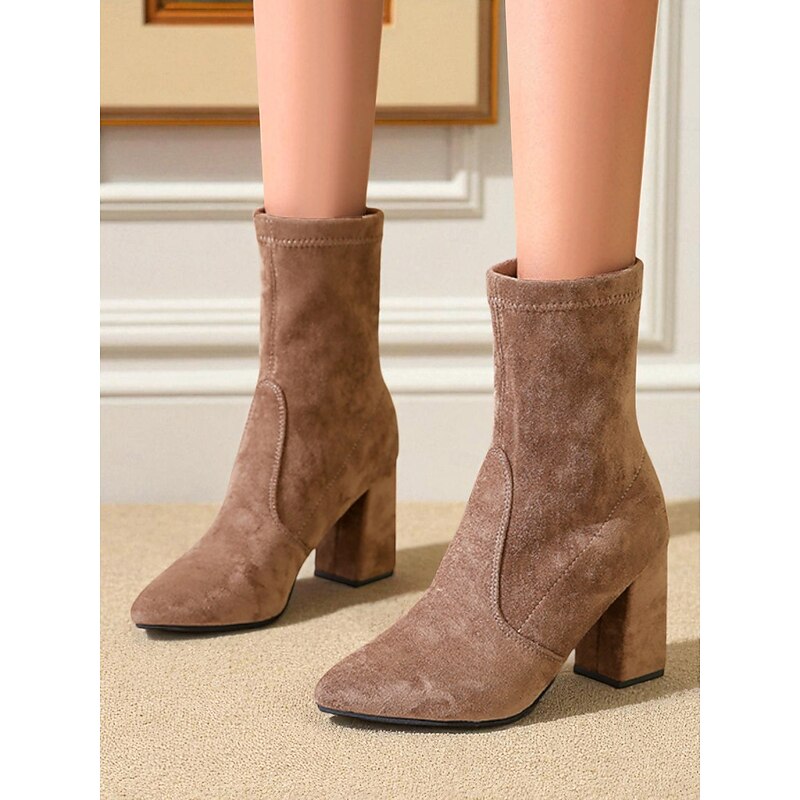 Women's Brown Suede Block Heel Ankle Boots - Pointed Toe Fall/Winter Booties for Urban Style,Commuting,or Casual Daily Wear2