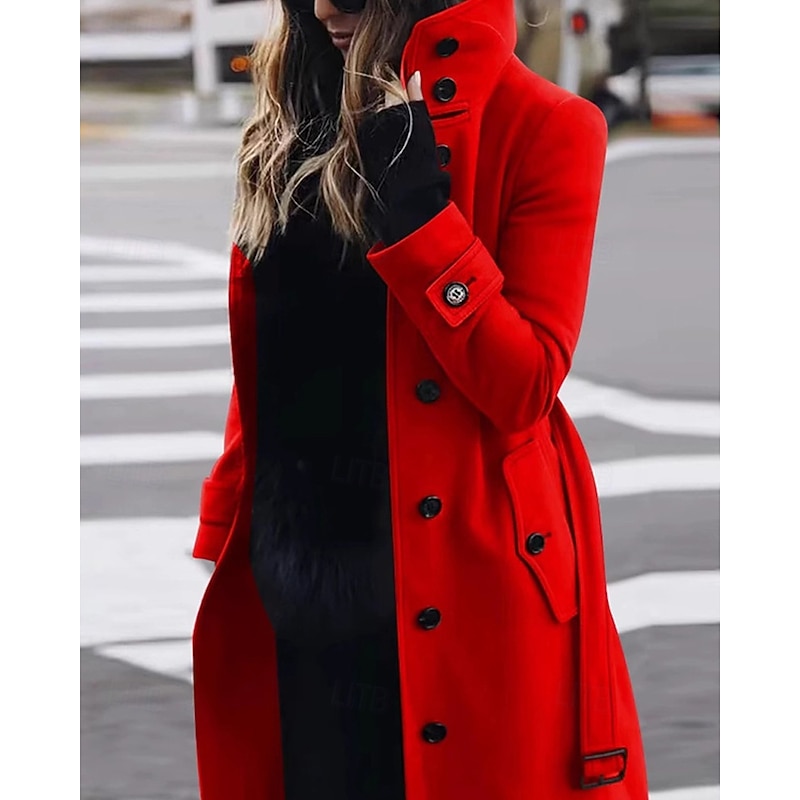 Women's Casual Jacket Trench Coat Warm Comfortable Pocket Buttons Fashion Outdoor Plain Going out Weekend Single Breasted Regular Stand Collar Regular Fit Long Sleeve Outerwear Black Red Khaki Fall4