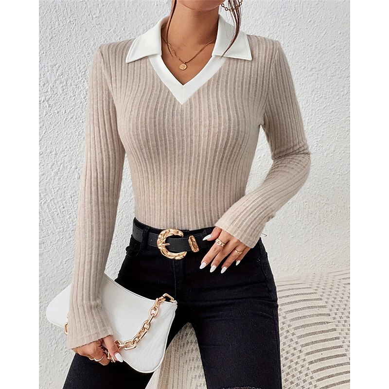 Women's Sweater Pullover Daily Stylish Casual Solid Color Ribbed V Neck Knitted Long Sleeve Regular Tops Knit Daily Holiday Going out Apricot Fall Winter4